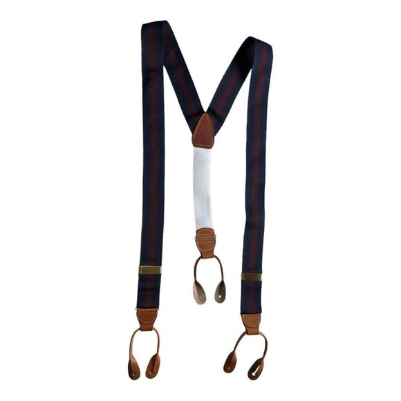 Brooks Brothers Mens Navy Maroon Stripe Adjustable Button Suspender Silk Leather - Picture 8 of 8